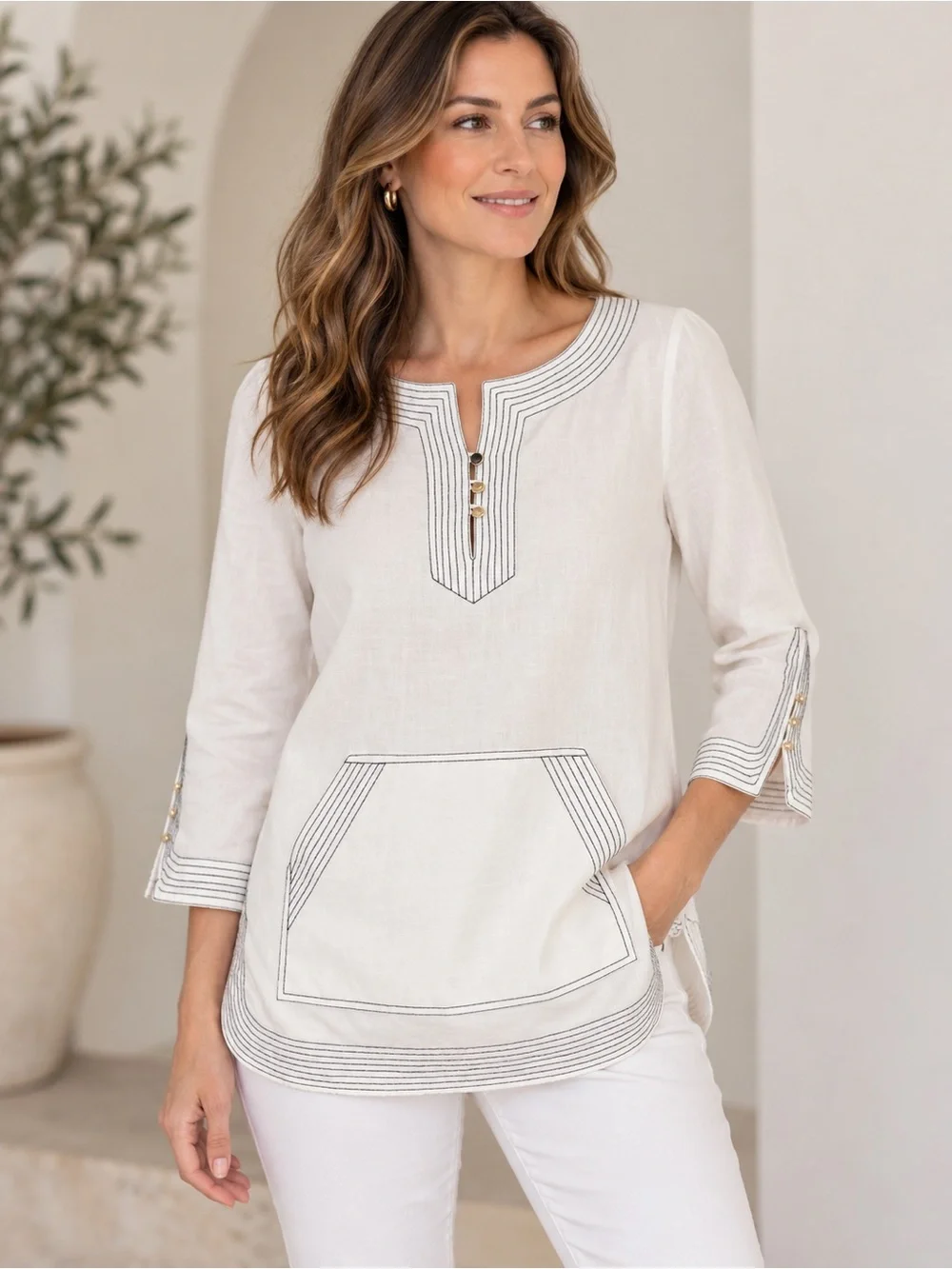 Tory Burch Tunic Top Embroidered Ivory Linen Blend Women 8 Coastal Beach Resort